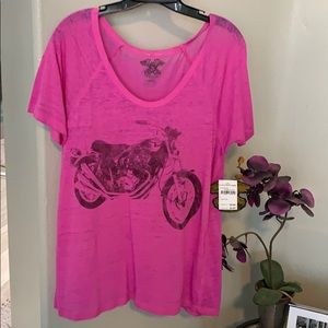 Hit pink distressed tee. With motorcycle print.
